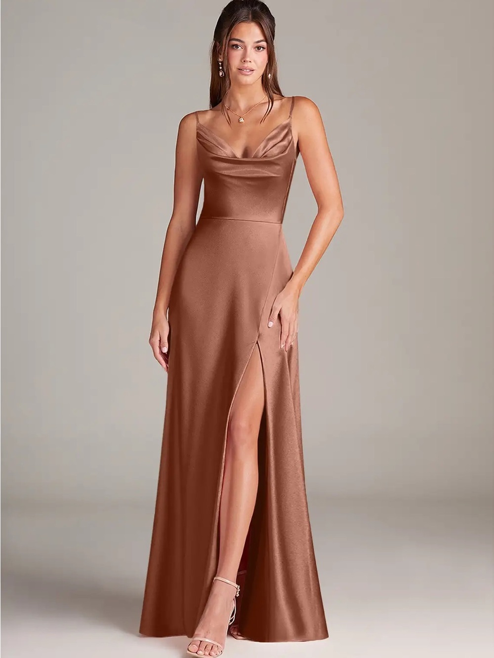 Azazie Satin Cowl Neck Slip Gown in Bronzer Sarella